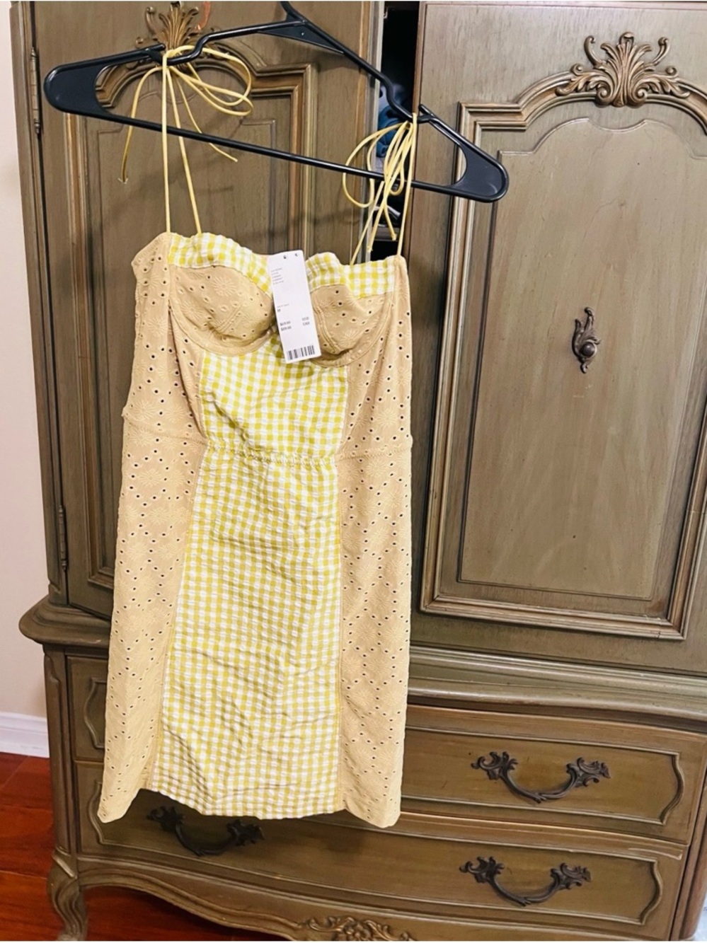 Urban Outfitters Yellow Gingham & Eyelet Mini Dress with Tie Straps